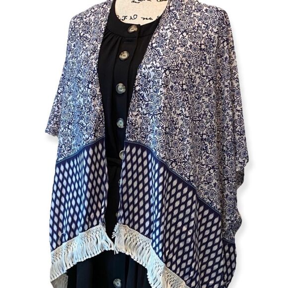 Blue Floral Relax Sleeve Open Front Short Tassel Trim Kimono NEW - Picture 1 of 4